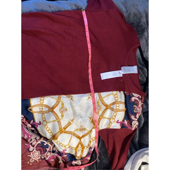 Chicos NWT Scarf-Trim Sweater Maroon Silk Like Blouse, Sz 1 (Medium), MSRP $109 - Picture 11 of 11